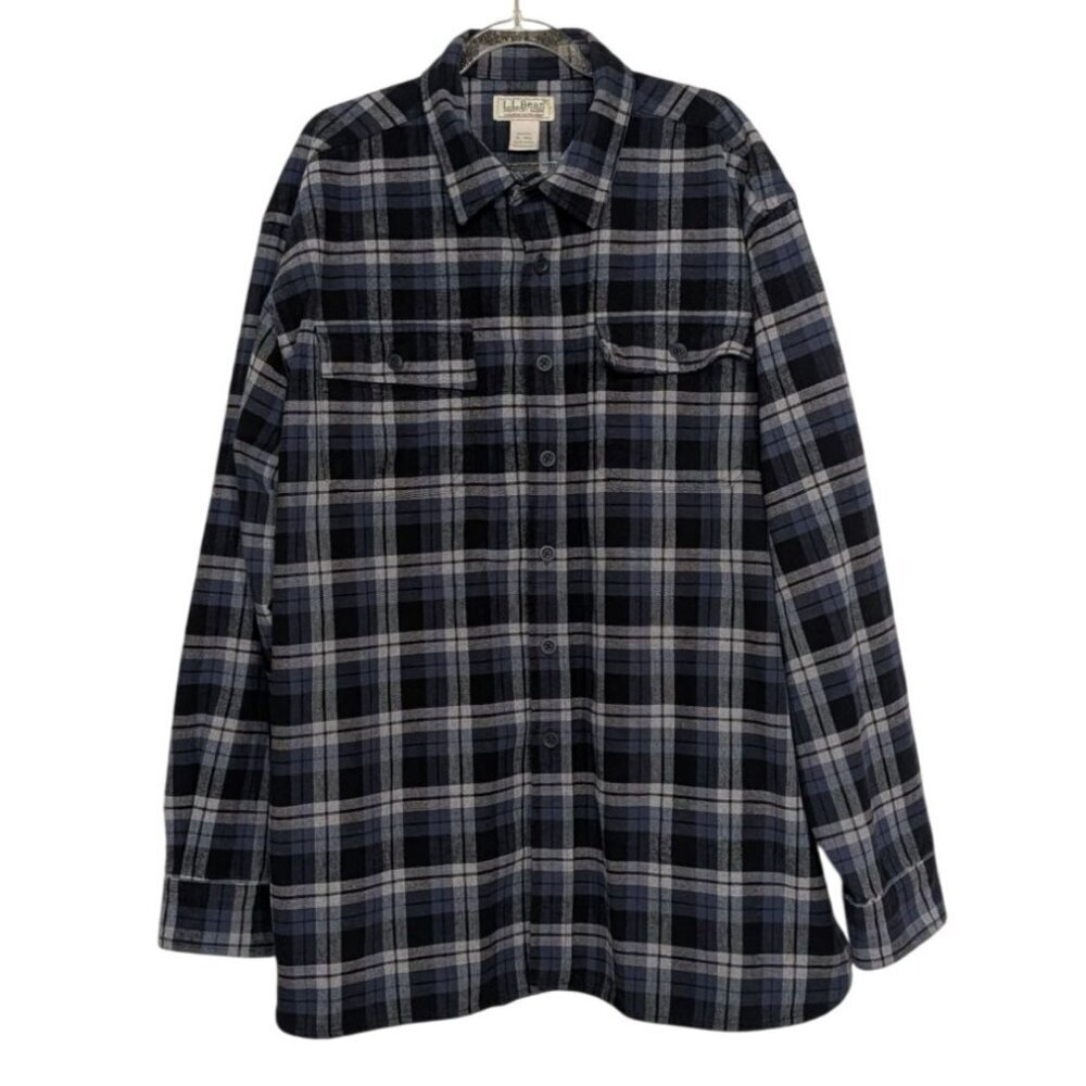 LL Bean Plaid Chamois Cloth Shirt Mens Size XL Blue Gray 100% Cotton Long Sleeve